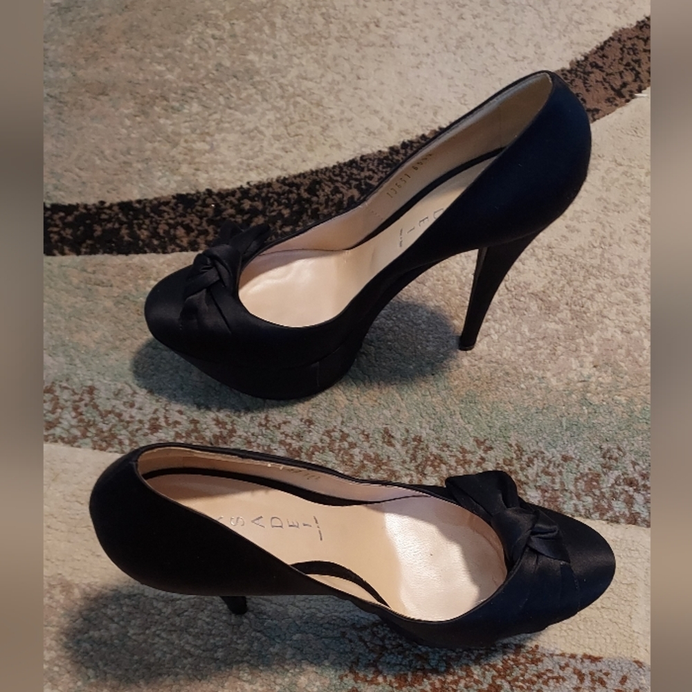 CASADEI Black Satin Platform High Heels With Bow Detailing Sz-10.5